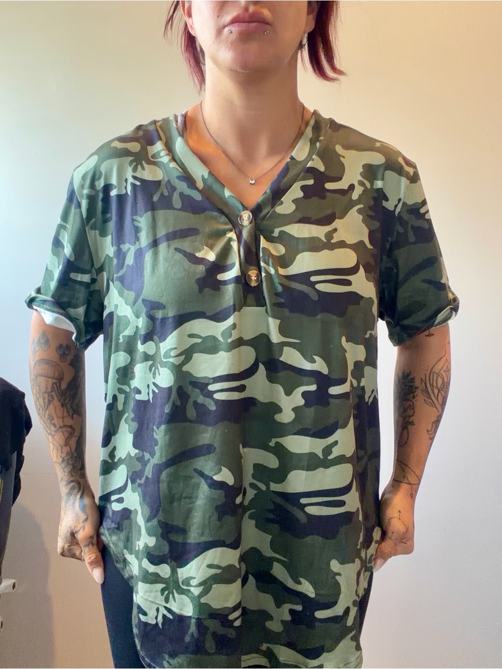 Shein Plus Size 2X XXL Camouflage V-Neck Womens T-Shirt Short Sleeves Camo